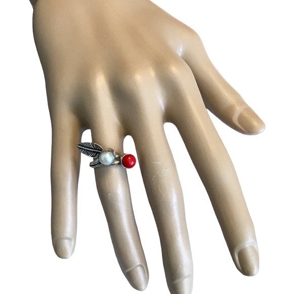 Feather Pearl &  Coral Silver Ring Gemstone Southwest Boho Minimalist - Picture 3 of 8